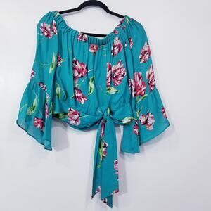 Parker Silk Blend Floral Off Shoulder Crop Top Bell Sleeves